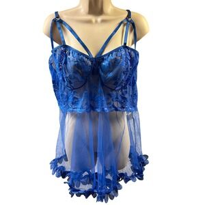 2PC Women Sexy Blue Lace Butterfly Lingerie Babydoll Adjustable Strap Plus 4XL